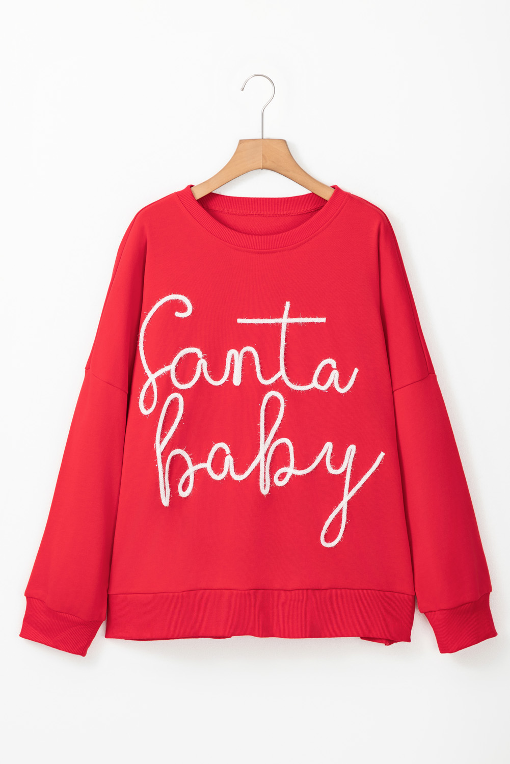 Plus Size Fiery Red  Santa Baby Tinsel Crew Neck Sweatshirt