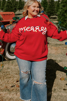 Plus Size Fiery Red Merry Graphic Christmas  Sweater