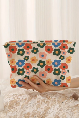 Red Flower Printed Rib Textured Cosmetic Bag