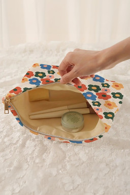 Red Flower Printed Rib Textured Cosmetic Bag