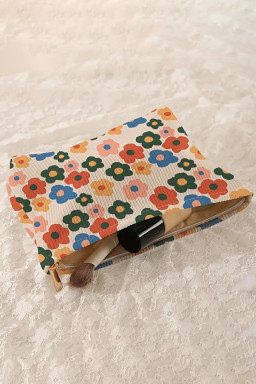 Red Flower Printed Rib Textured Cosmetic Bag