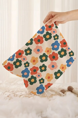 Red Flower Printed Rib Textured Cosmetic Bag