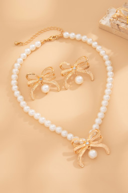 Gold Rhinestone Pearl Bow Decor Plated Necklace and Earrings Set