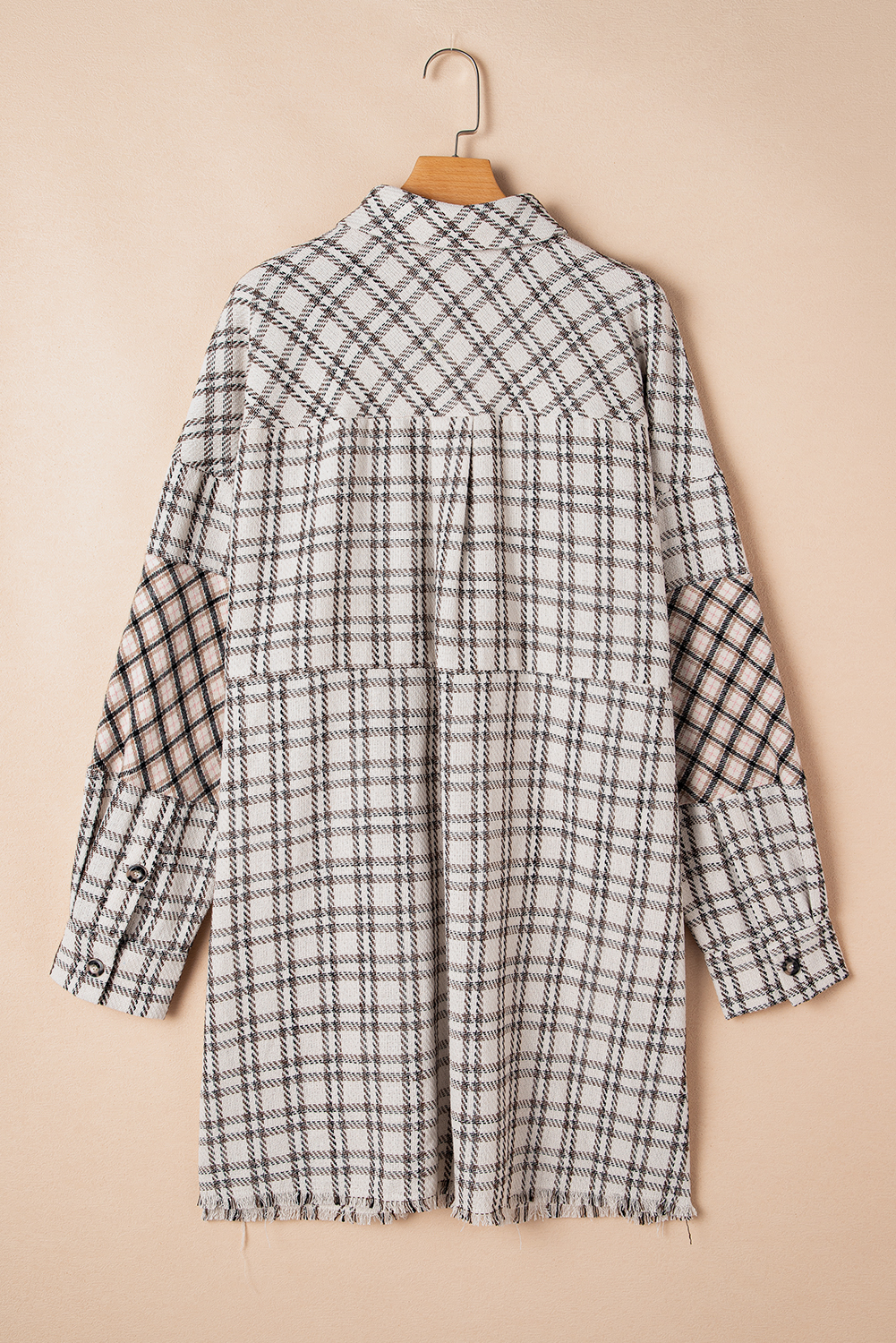 Plus Size White Stripe  Plaid Buttoned Raw Hem Tunic Shirt Dress