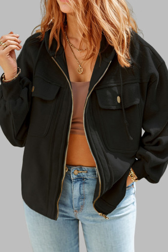 Plus Size Black  Bishop Sleeve Zip Up Hooded Jacket