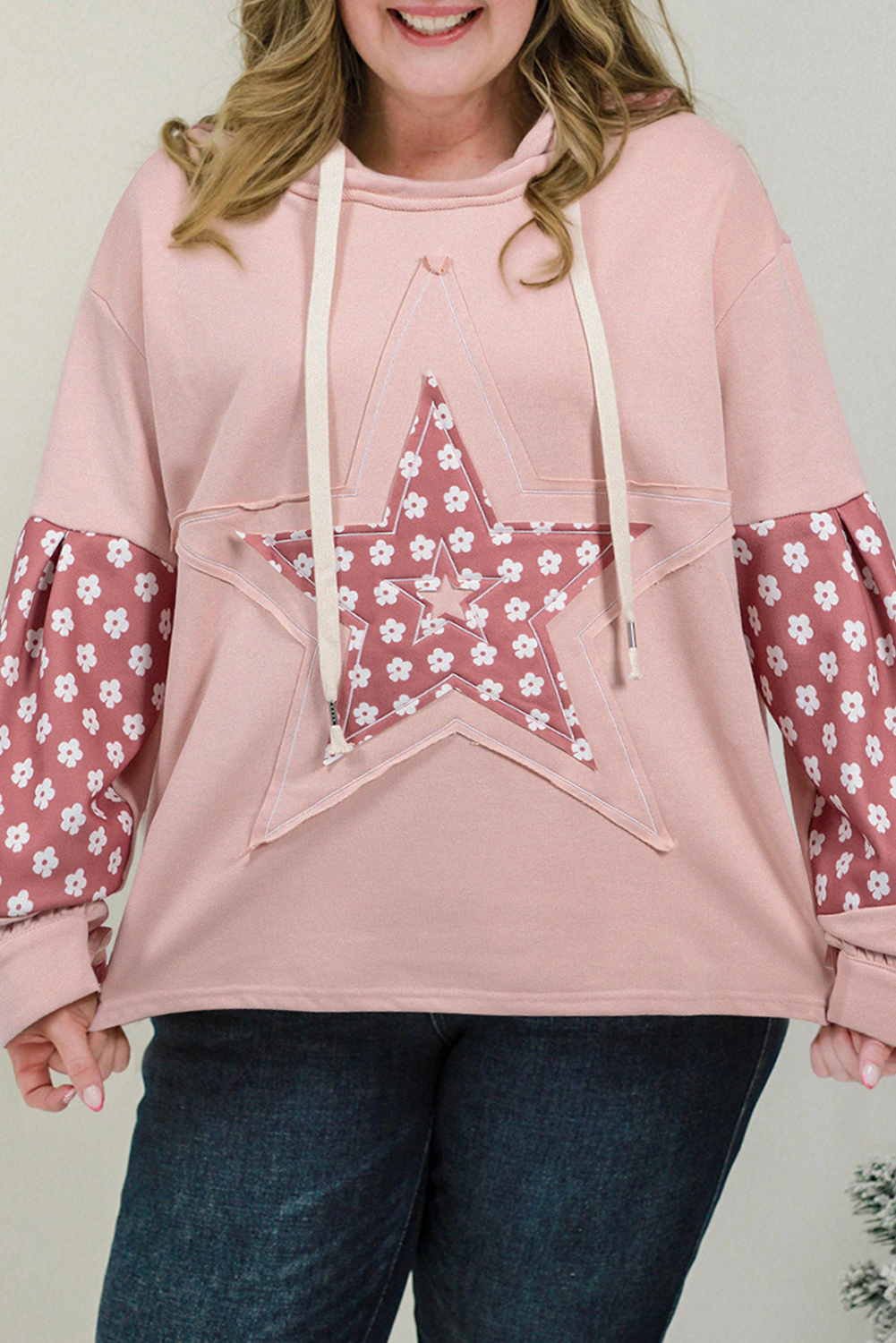 Plus Size Delicacy Star Patch Graphic Floral Color Block Drawstring  Hoodie