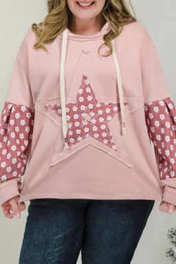 Plus Size Delicacy Star Patch Graphic Floral Color Block Drawstring  Hoodie