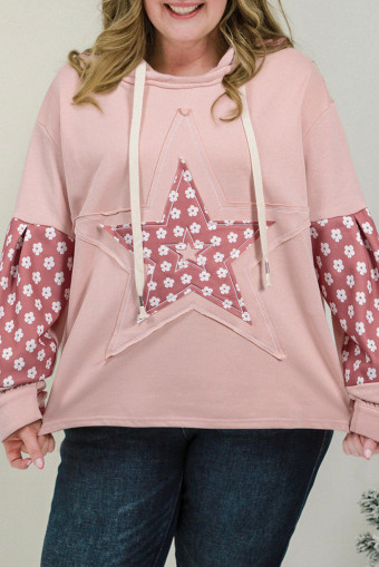 Plus Size Delicacy Star Patch Graphic Floral Color Block Drawstring  Hoodie