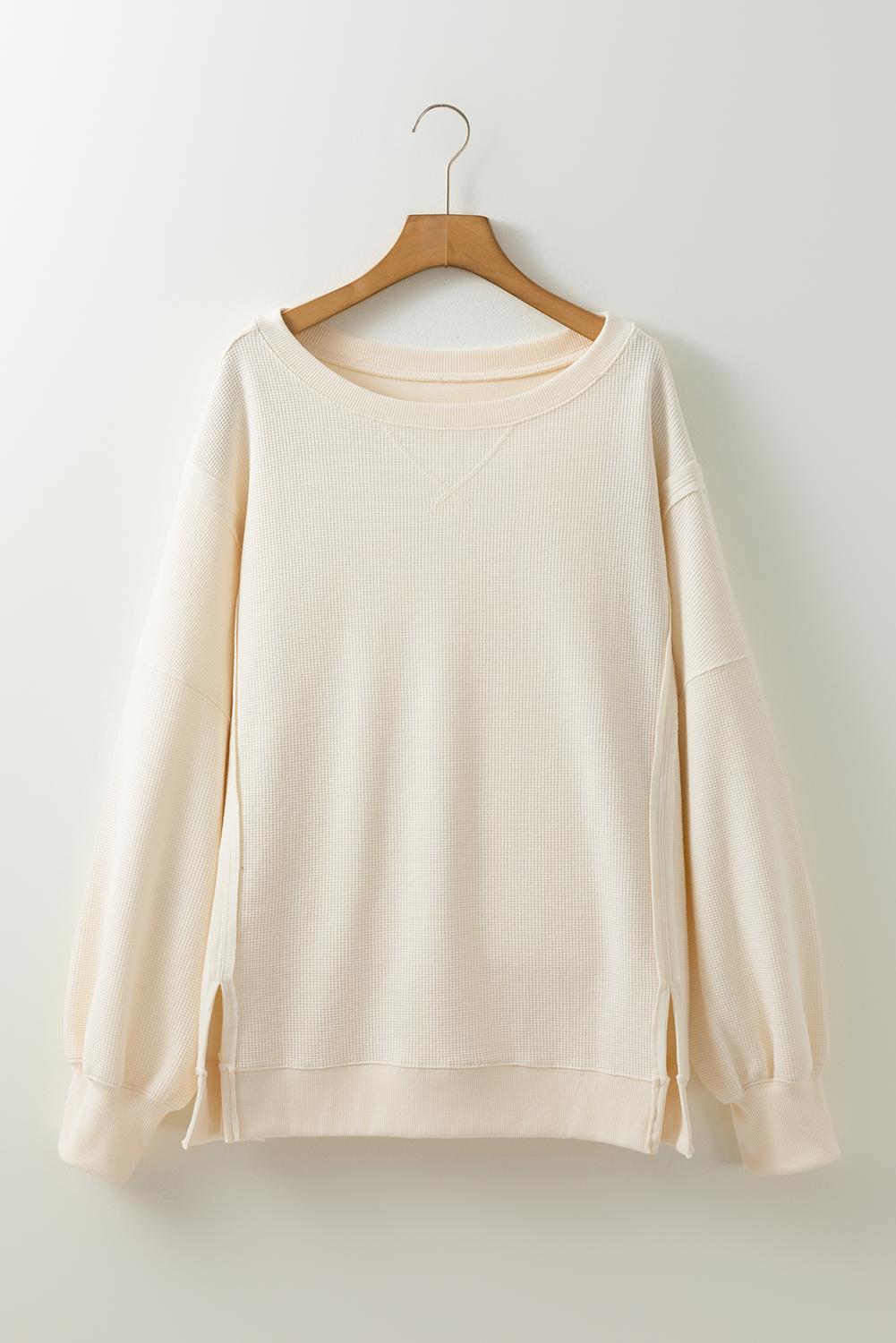 Plus Size White Solid Color Waffle Knit Drop Shoulder  Sweatshirt