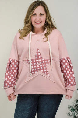 Plus Size Delicacy Star Patch Graphic Floral Color Block Drawstring  Hoodie
