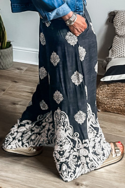 Plus Size Black  Geometric Ethnic Print Drawstring Wide Leg Pants