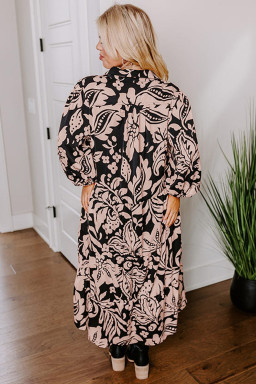 Plus Size Black  Floral Printed Puff Sleeve Collared Maxi Dress
