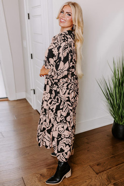 Plus Size Black  Floral Printed Puff Sleeve Collared Maxi Dress