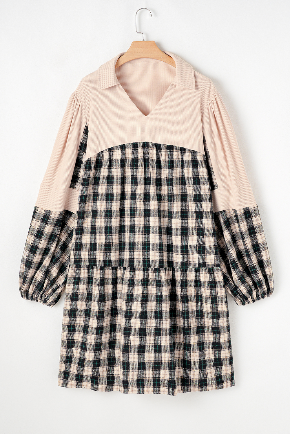 Plus Size Black Plaid Waffle Knit Patchwork Collared V Neck  Mini Dress