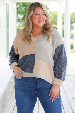 Plus Size Ashleigh Blue  Textured Colorblock Patchwork V Neck Top