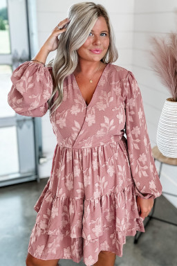 Plus Size Peach Blossom Floral Surplice V Neck Tiered Ruffled  Dress