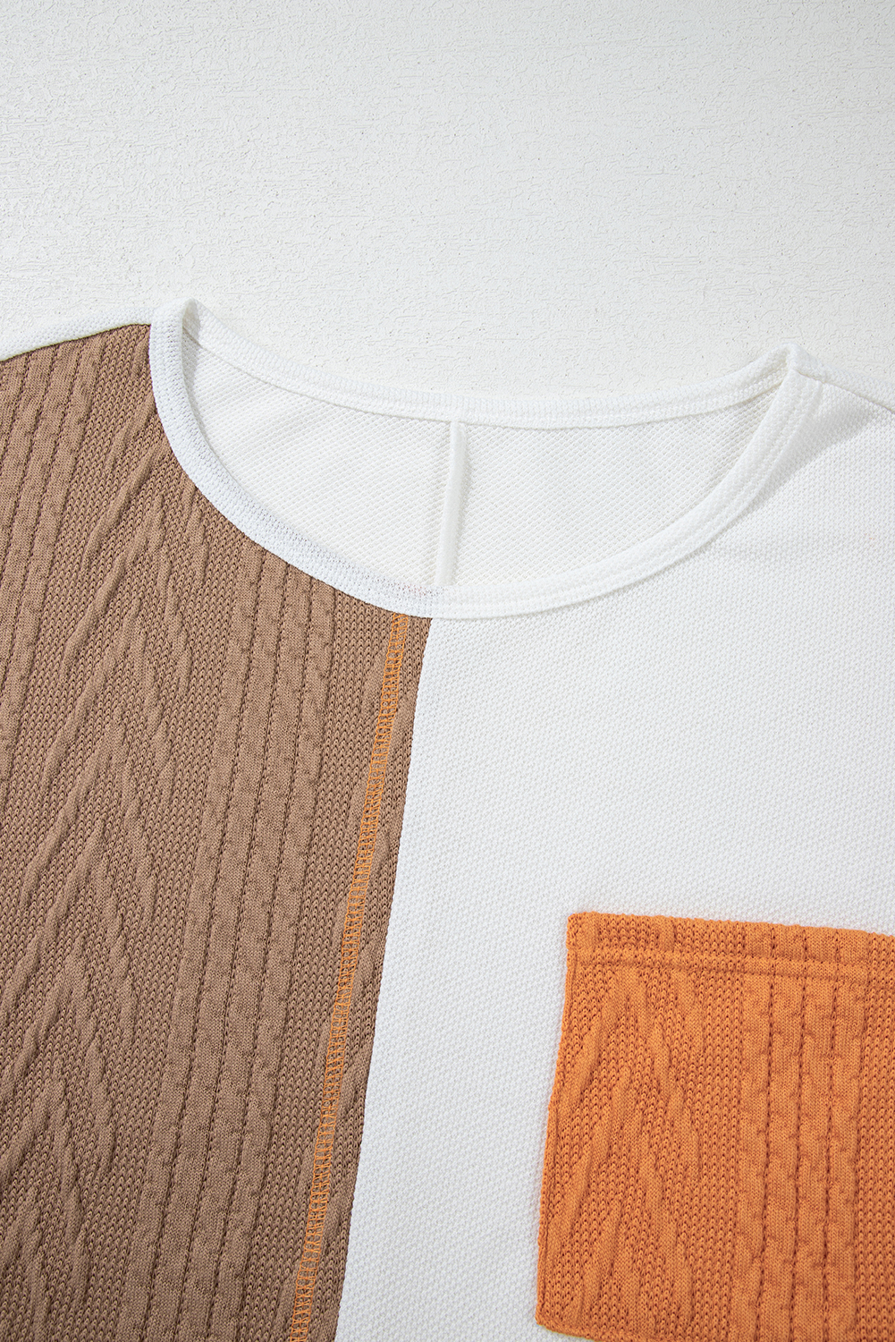 Plus Size Chestnut  Color Block Textured Patchwork Top with Pocket
