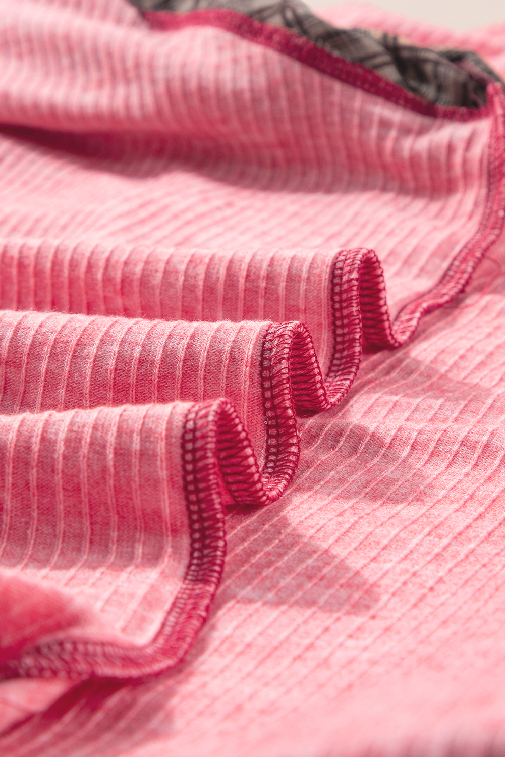 Plus Size Pink Checkered Paisley Patchwork Raglan Sleeve Seamed  Top