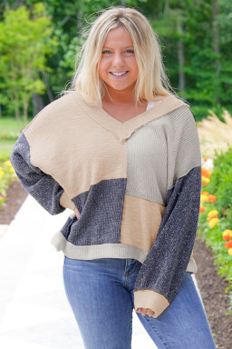 Plus Size Ashleigh Blue  Textured Colorblock Patchwork V Neck Top