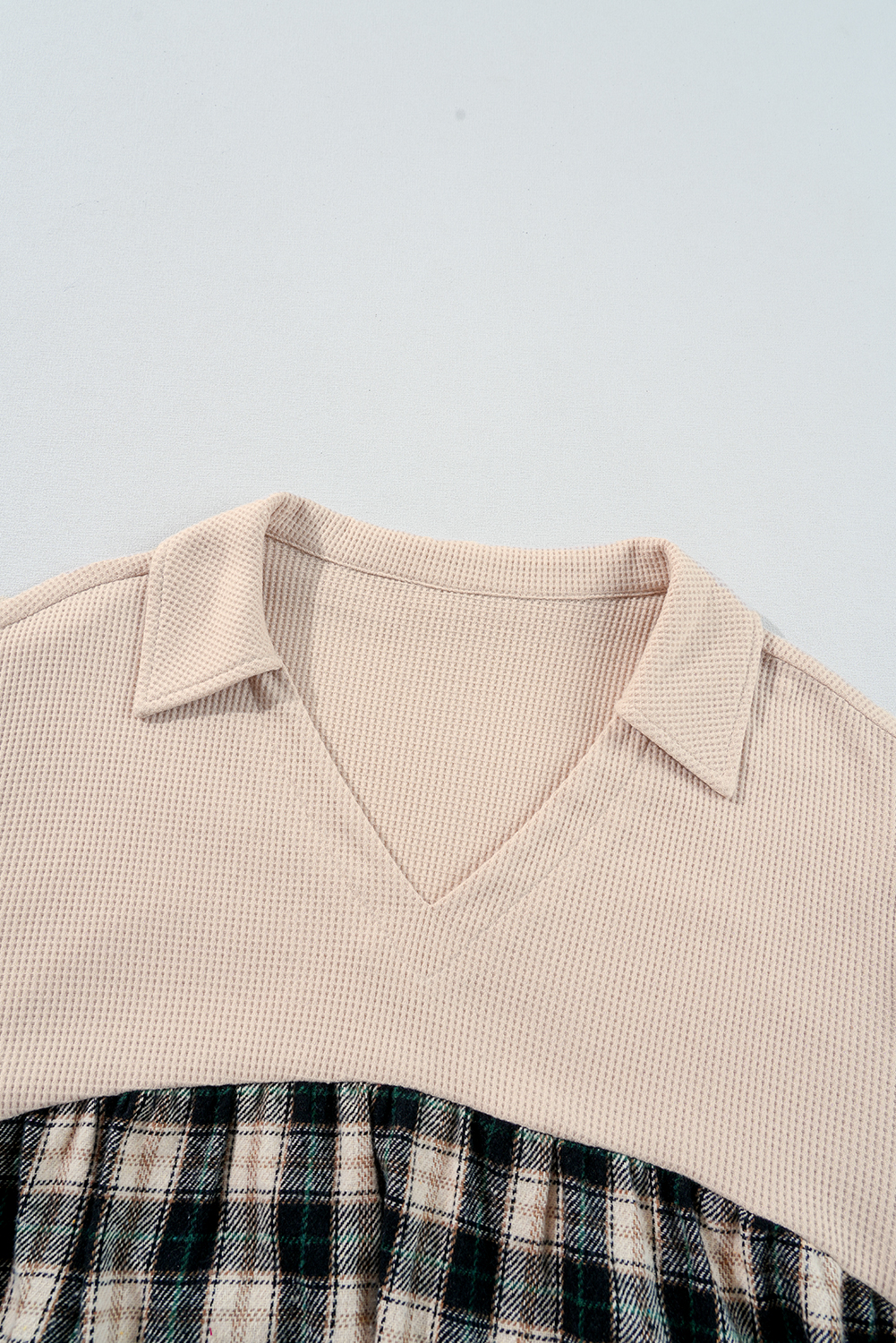 Plus Size Black Plaid Waffle Knit Patchwork Collared V Neck  Mini Dress