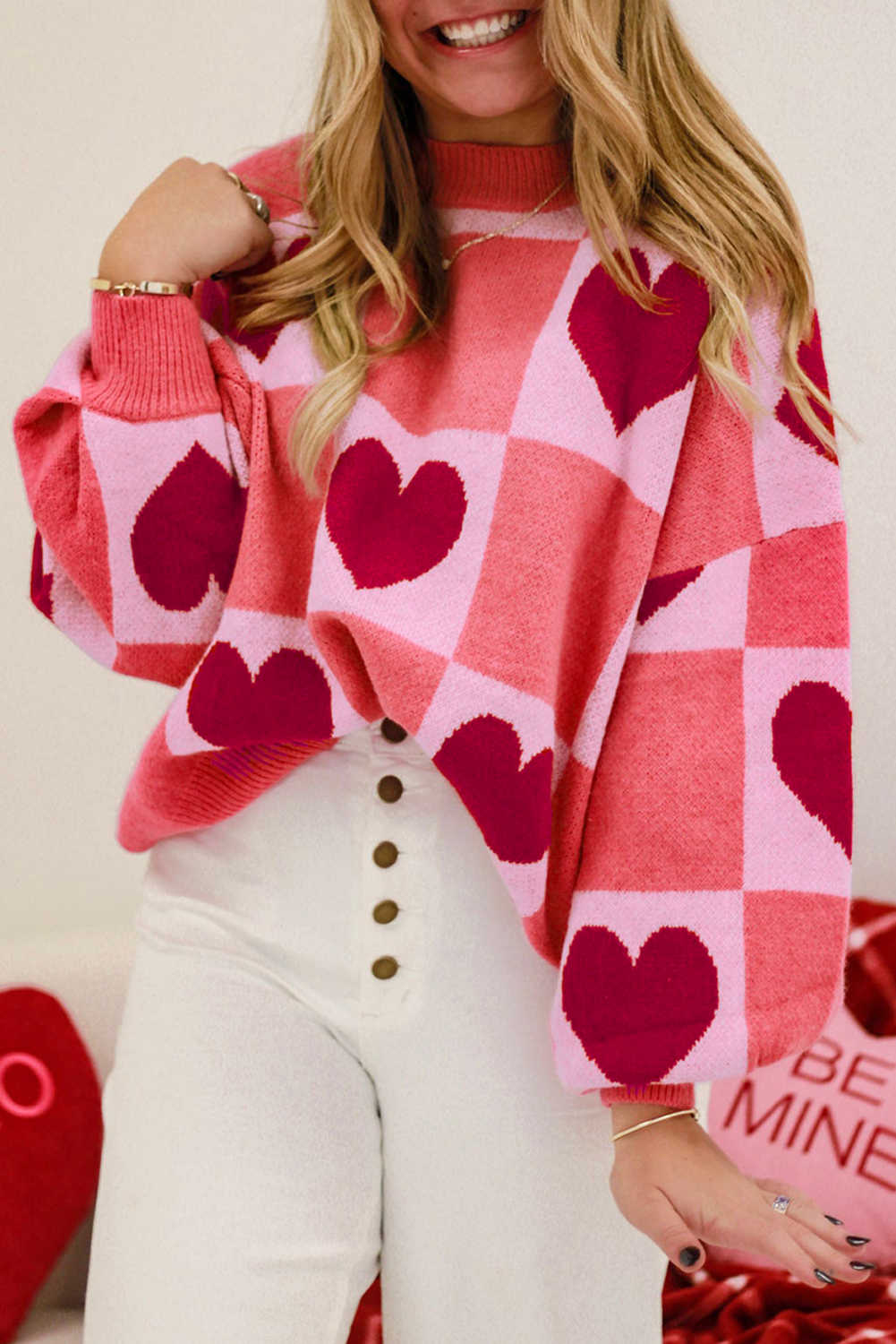Plus Size Pink  Love Heart Block Mock Neck Lantern Sleeve Valentine Sweater