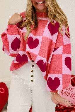 Plus Size Pink  Love Heart Block Mock Neck Lantern Sleeve Valentine Sweater
