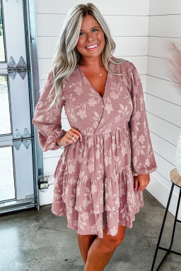 Plus Size Peach Blossom Floral Surplice V Neck Tiered Ruffled  Dress