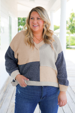 Plus Size Ashleigh Blue  Textured Colorblock Patchwork V Neck Top