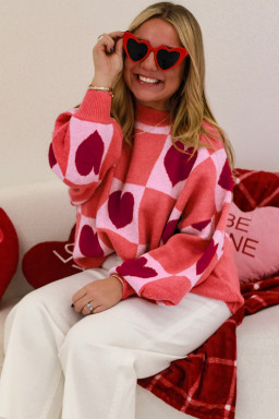 Plus Size Pink  Love Heart Block Mock Neck Lantern Sleeve Valentine Sweater