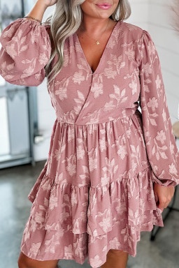 Plus Size Peach Blossom Floral Surplice V Neck Tiered Ruffled  Dress