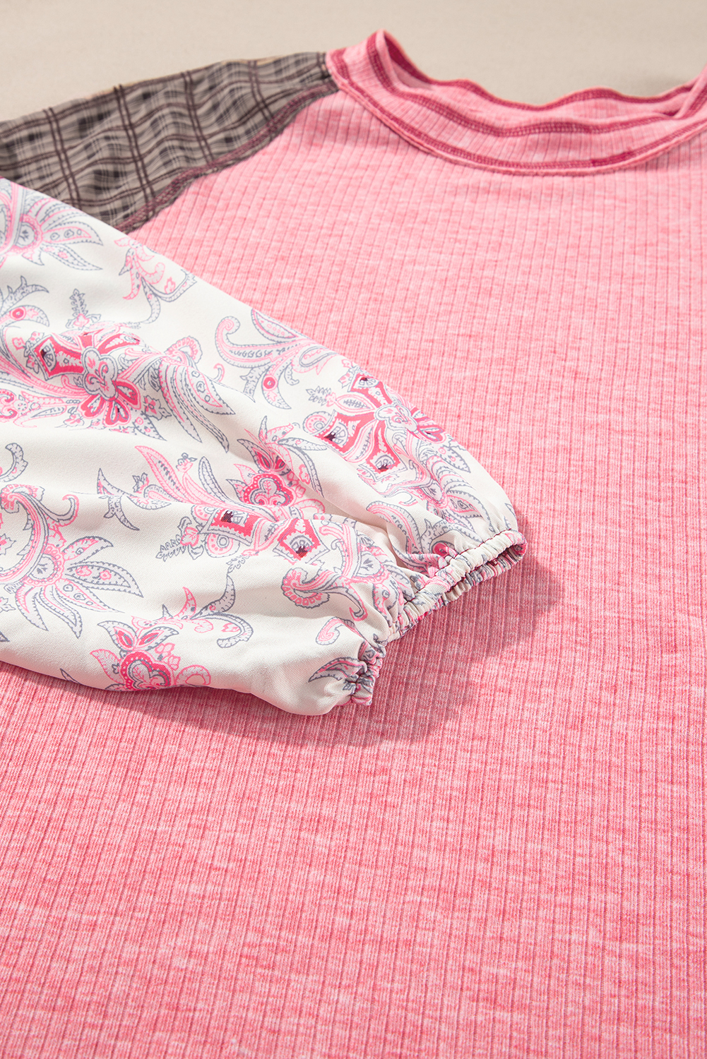 Plus Size Pink Checkered Paisley Patchwork Raglan Sleeve Seamed  Top