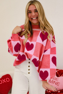 Plus Size Pink  Love Heart Block Mock Neck Lantern Sleeve Valentine Sweater