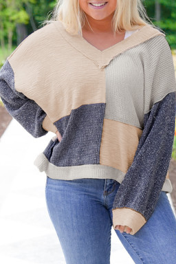 Plus Size Ashleigh Blue  Textured Colorblock Patchwork V Neck Top