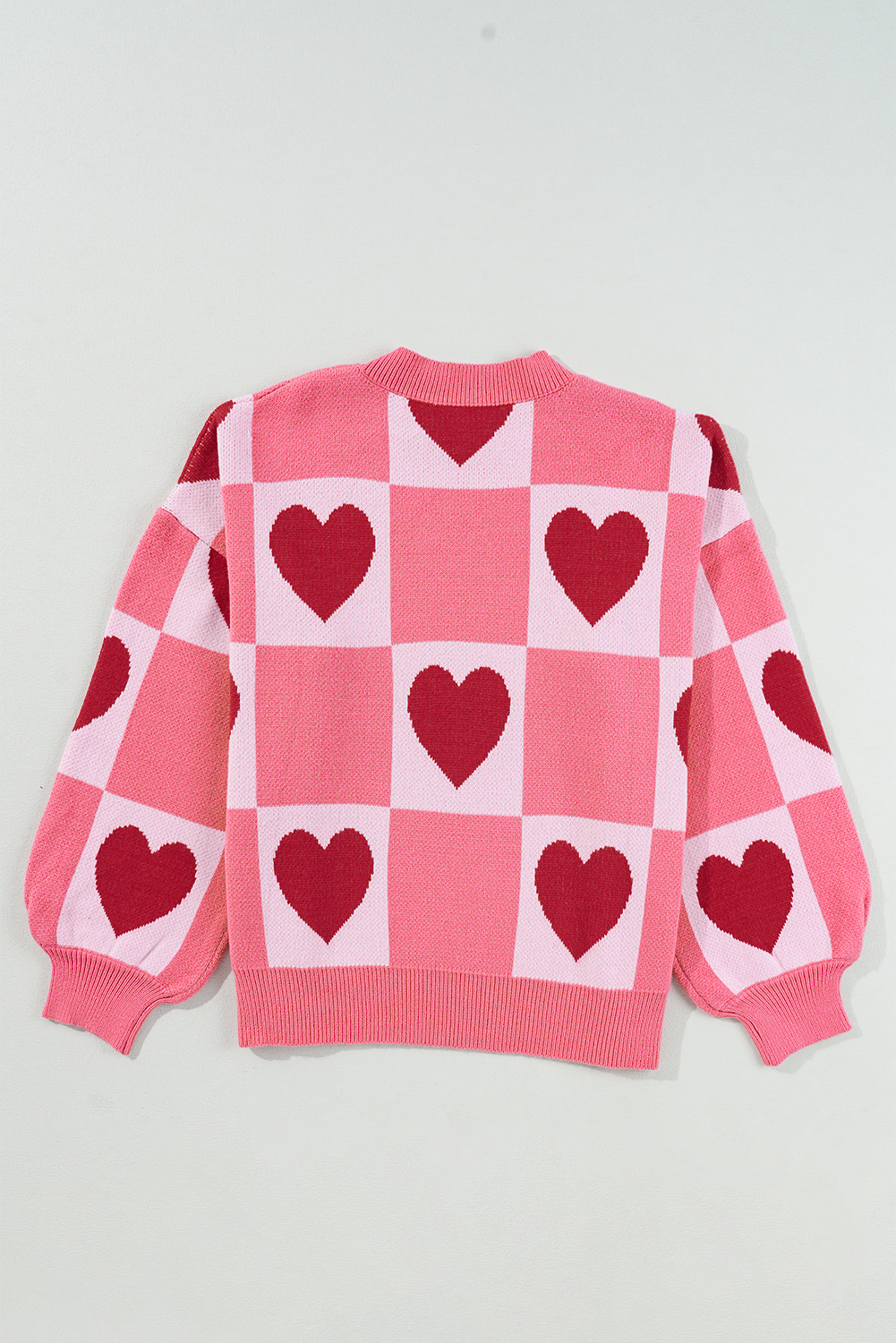Plus Size Pink  Love Heart Block Mock Neck Lantern Sleeve Valentine Sweater