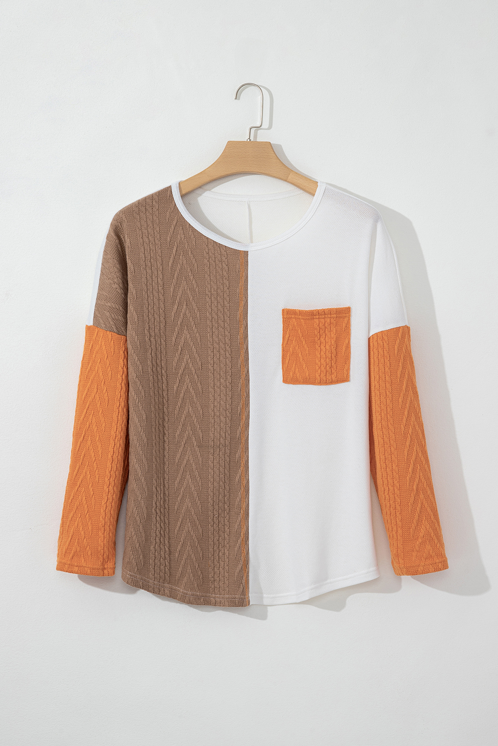 Plus Size Chestnut  Color Block Textured Patchwork Top with Pocket