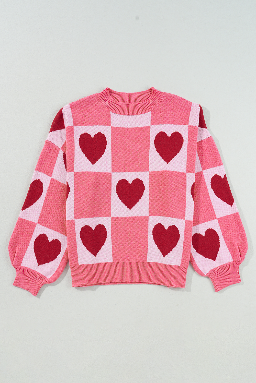 Plus Size Pink  Love Heart Block Mock Neck Lantern Sleeve Valentine Sweater