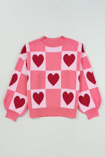 Plus Size Pink  Love Heart Block Mock Neck Lantern Sleeve Valentine Sweater