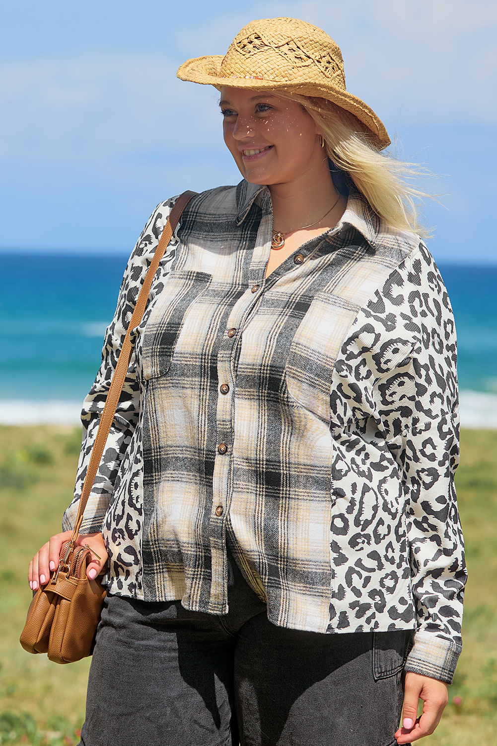 Plus Size Black  Plaid Leopard Printed Patchwork Button Up Shacket