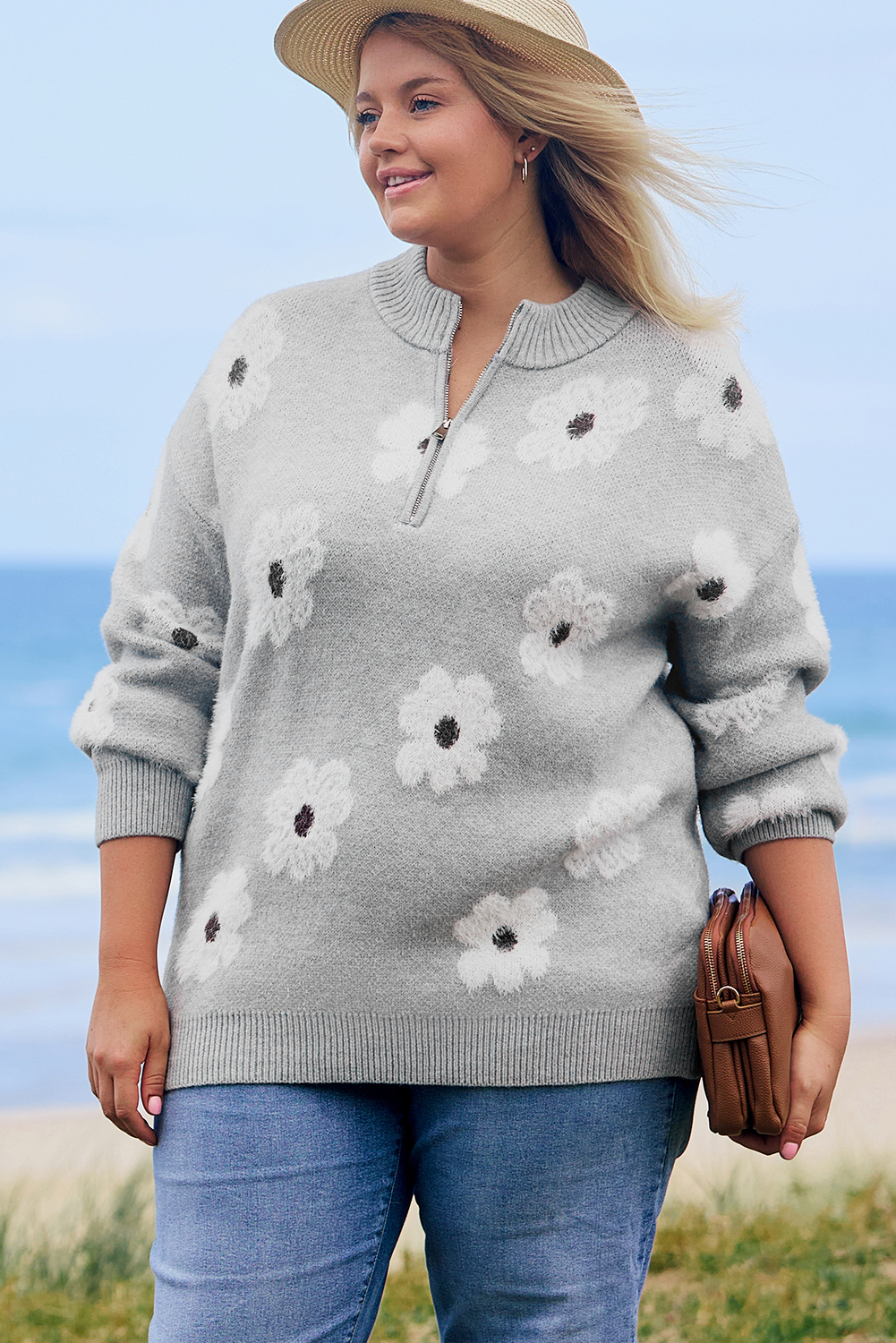 Plus Size Gray  Embroidered Floral Pattern Half Zip Sweater