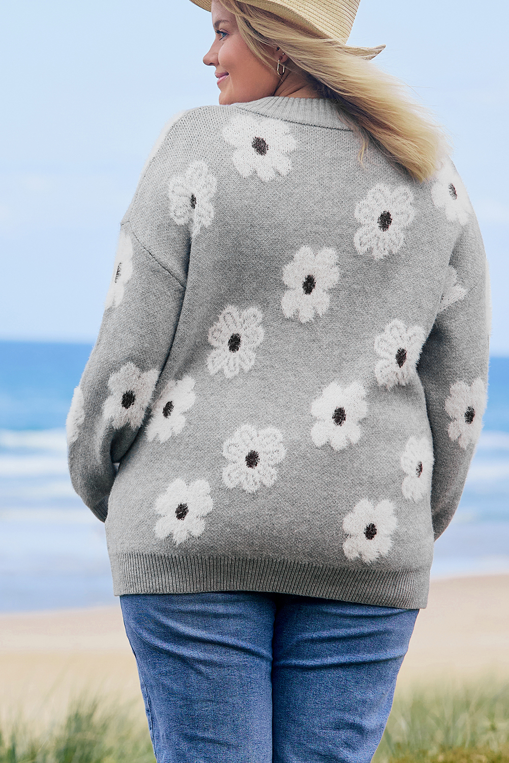 Plus Size Gray  Embroidered Floral Pattern Half Zip Sweater