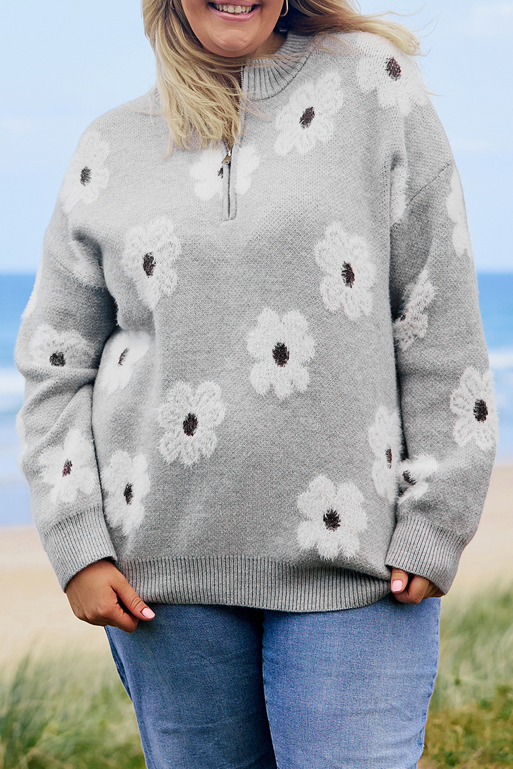 Plus Size Gray  Embroidered Floral Pattern Half Zip Sweater