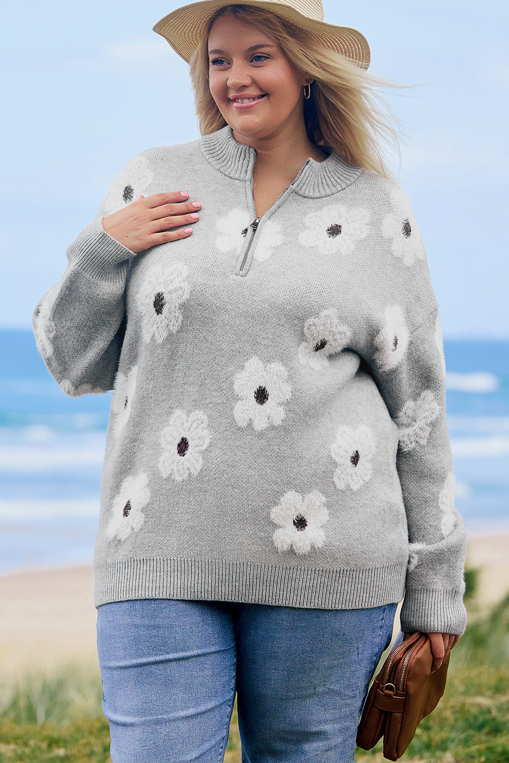 Plus Size Gray  Embroidered Floral Pattern Half Zip Sweater