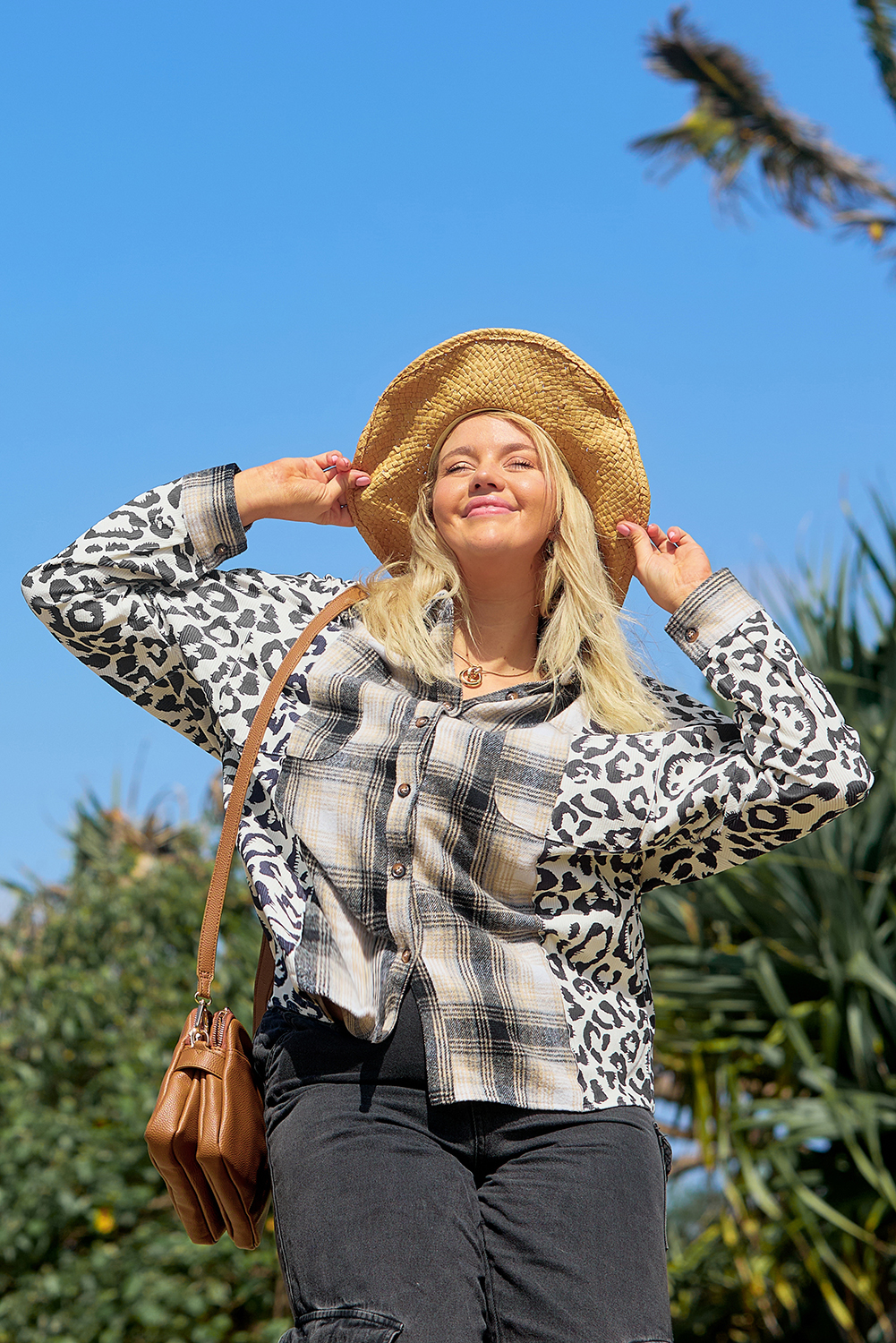 Plus Size Black  Plaid Leopard Printed Patchwork Button Up Shacket