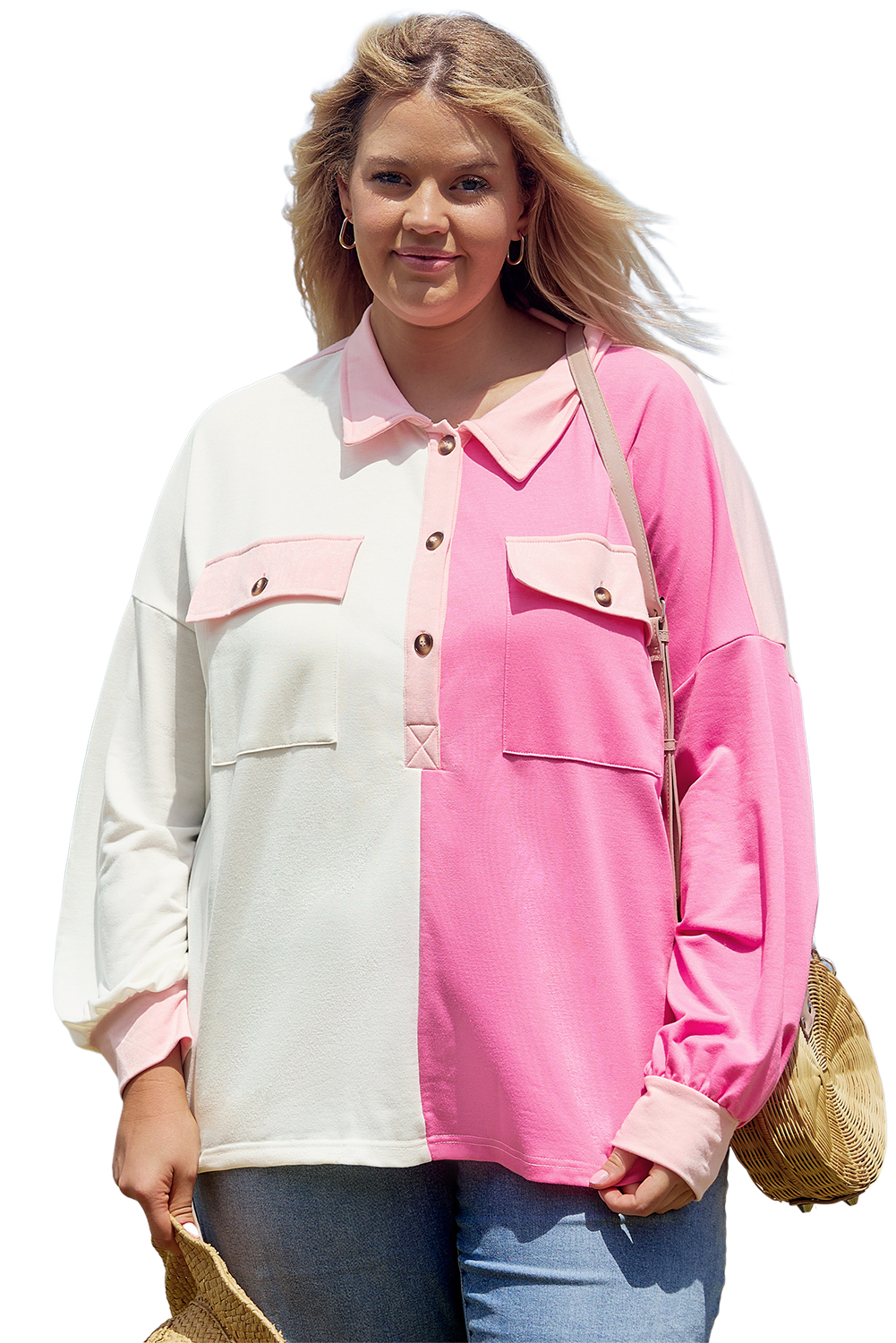 Plus Size Bonbon Color Block Chest Pockets Half Button  Sweatshirt
