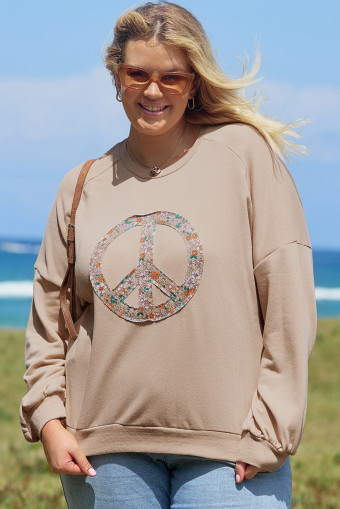 Plus Size Pale Khaki Floral Peace Sign Graphic Washed Terry  Sweatshirt