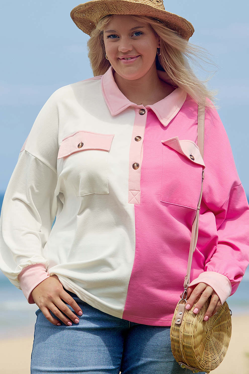 Plus Size Bonbon Color Block Chest Pockets Half Button  Sweatshirt