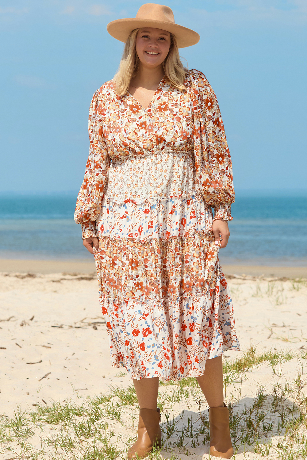 Plus Size Khaki  Floral Tiered Ruffle Maxi Dress