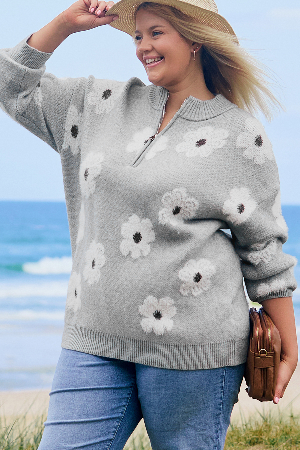 Plus Size Gray  Embroidered Floral Pattern Half Zip Sweater