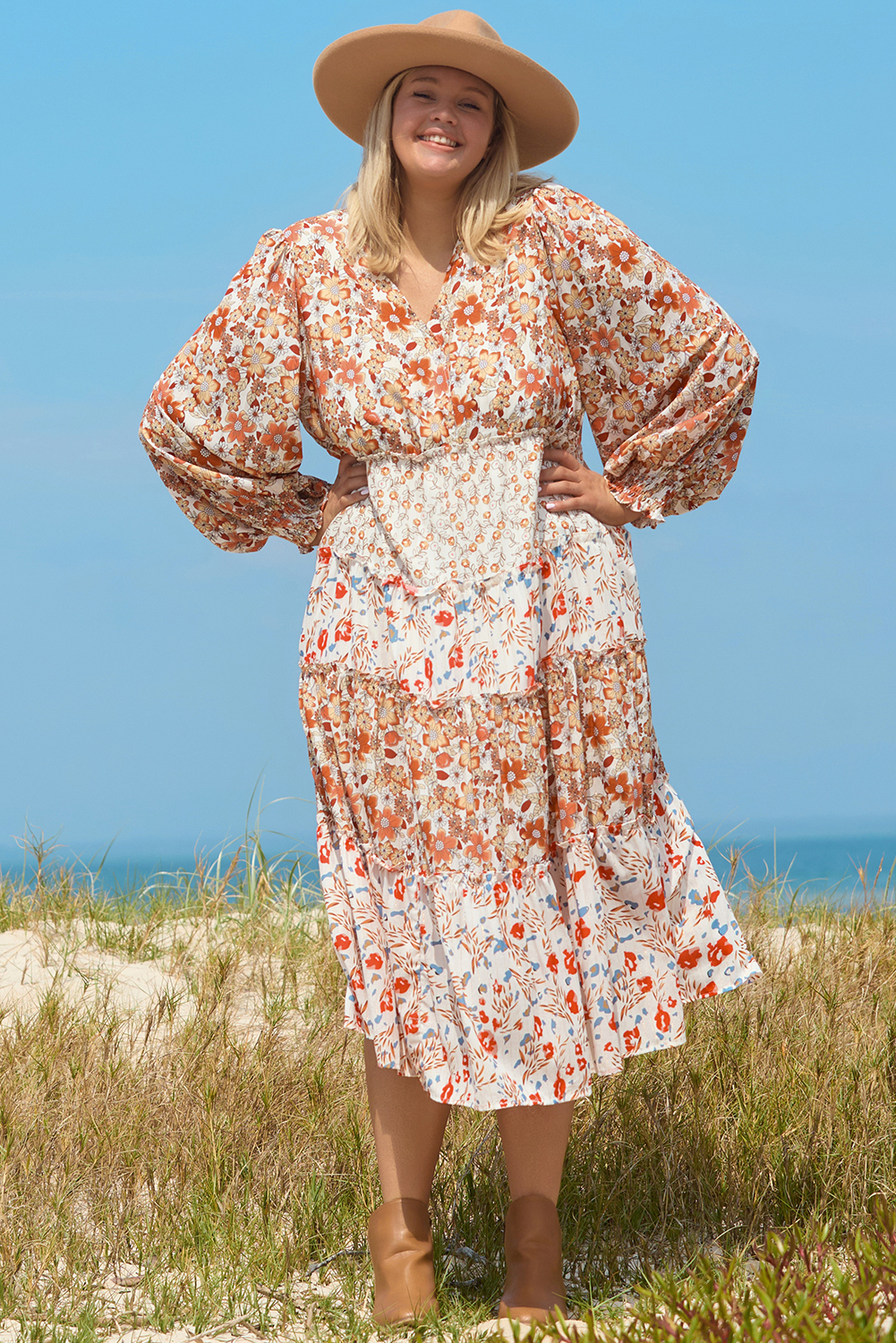 Plus Size Khaki  Floral Tiered Ruffle Maxi Dress