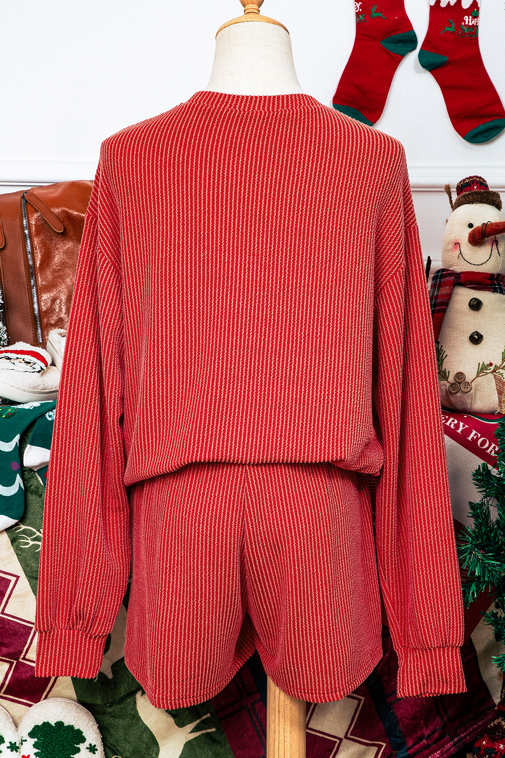 Plus Size Racing Red MERRY Ribbed Knit Long Sleeve Lace-up Waist  Set